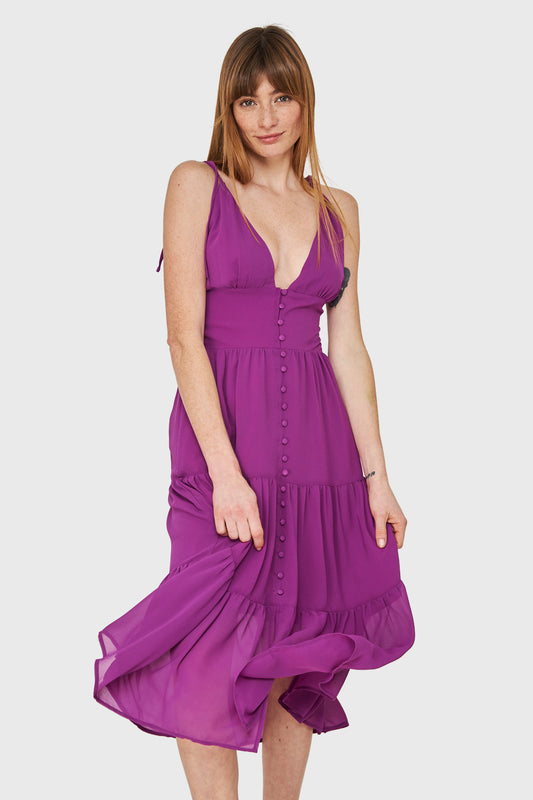 Vestido Faldón Con Volantes Magenta