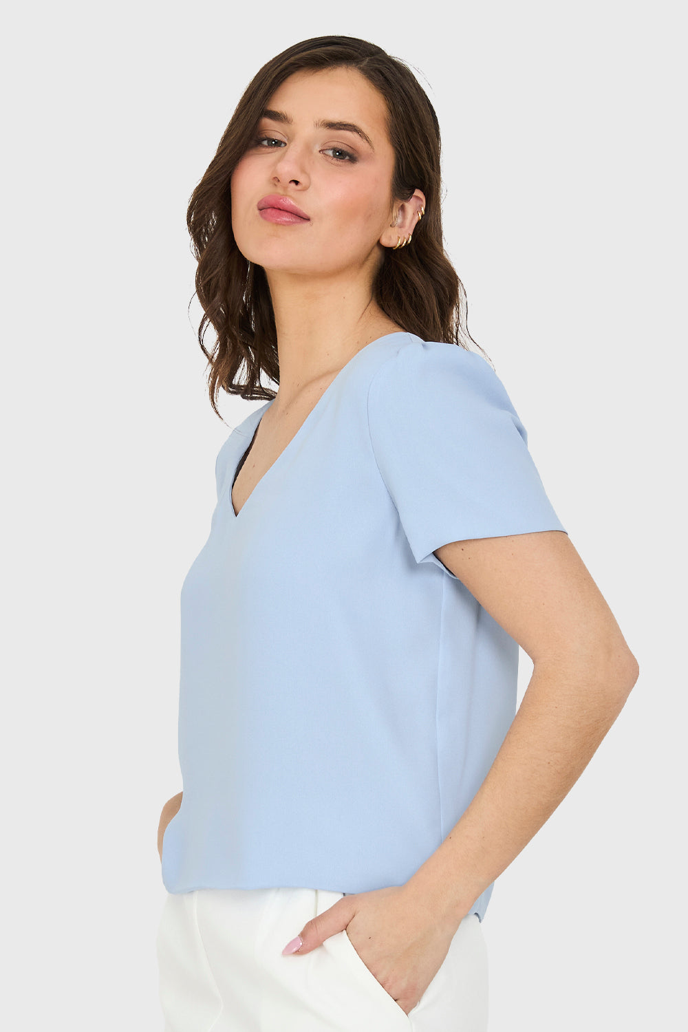 Blusa Cuello V Tipo Gasa Celeste