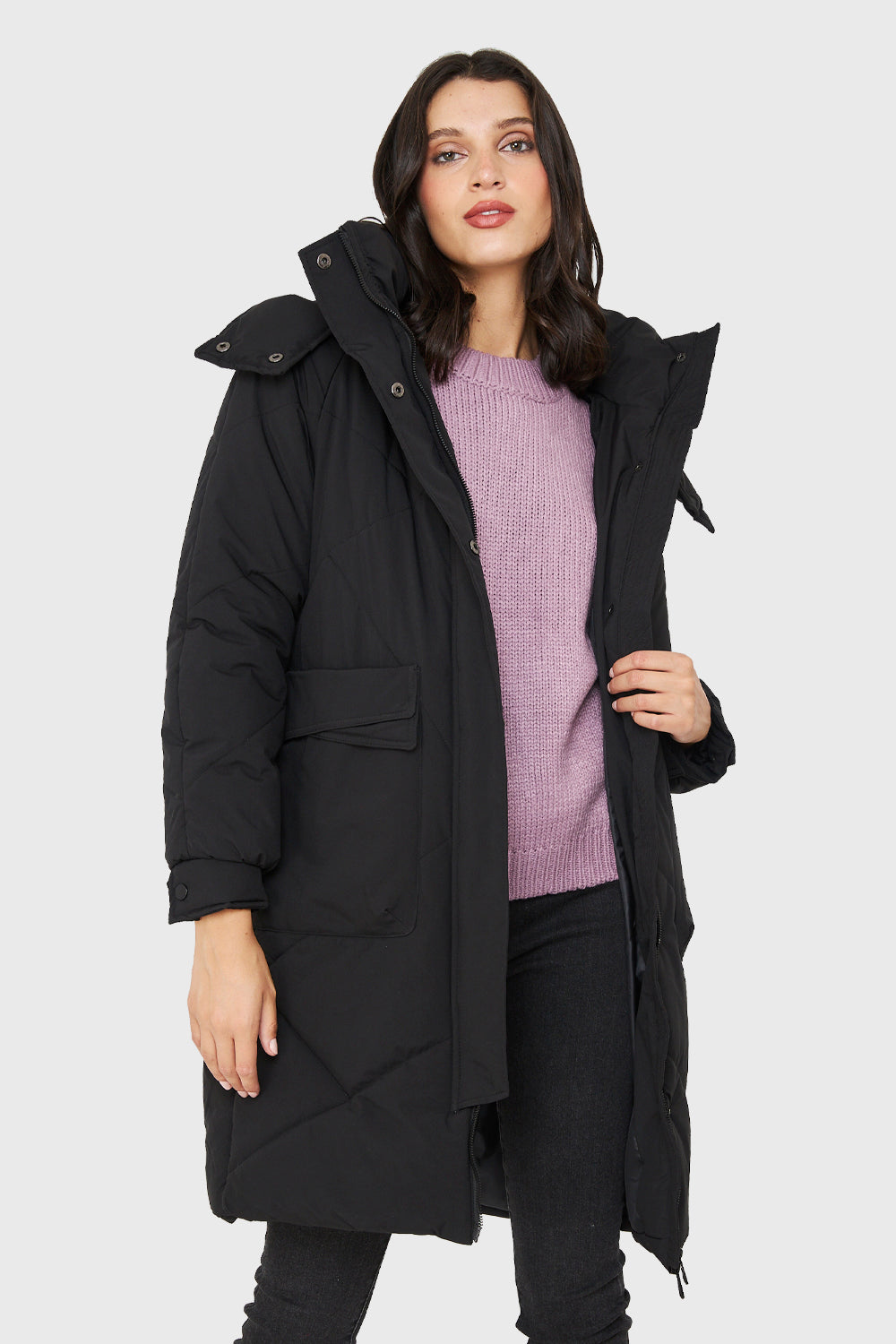 Parka Acolchada Bolsillos Grandes Negro