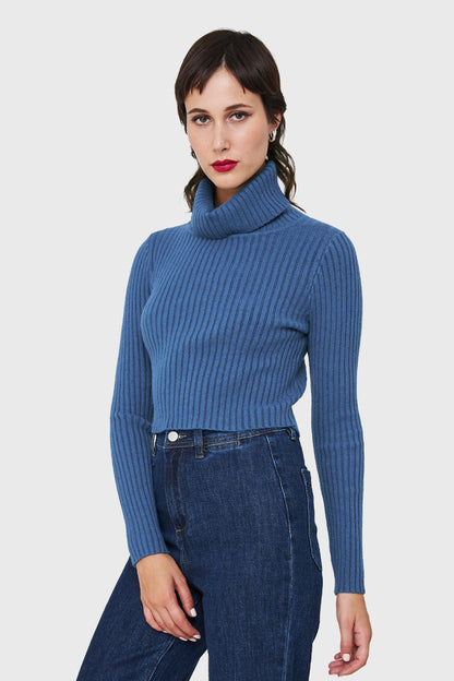 Sweater Crop Cuello Tortuga Azul Índigo