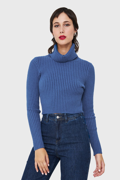 Sweater Crop Cuello Tortuga Azul Índigo