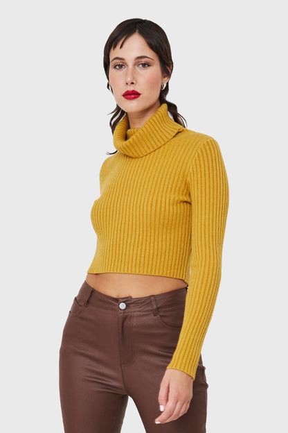 Sweater Crop Cuello Tortuga Mostaza