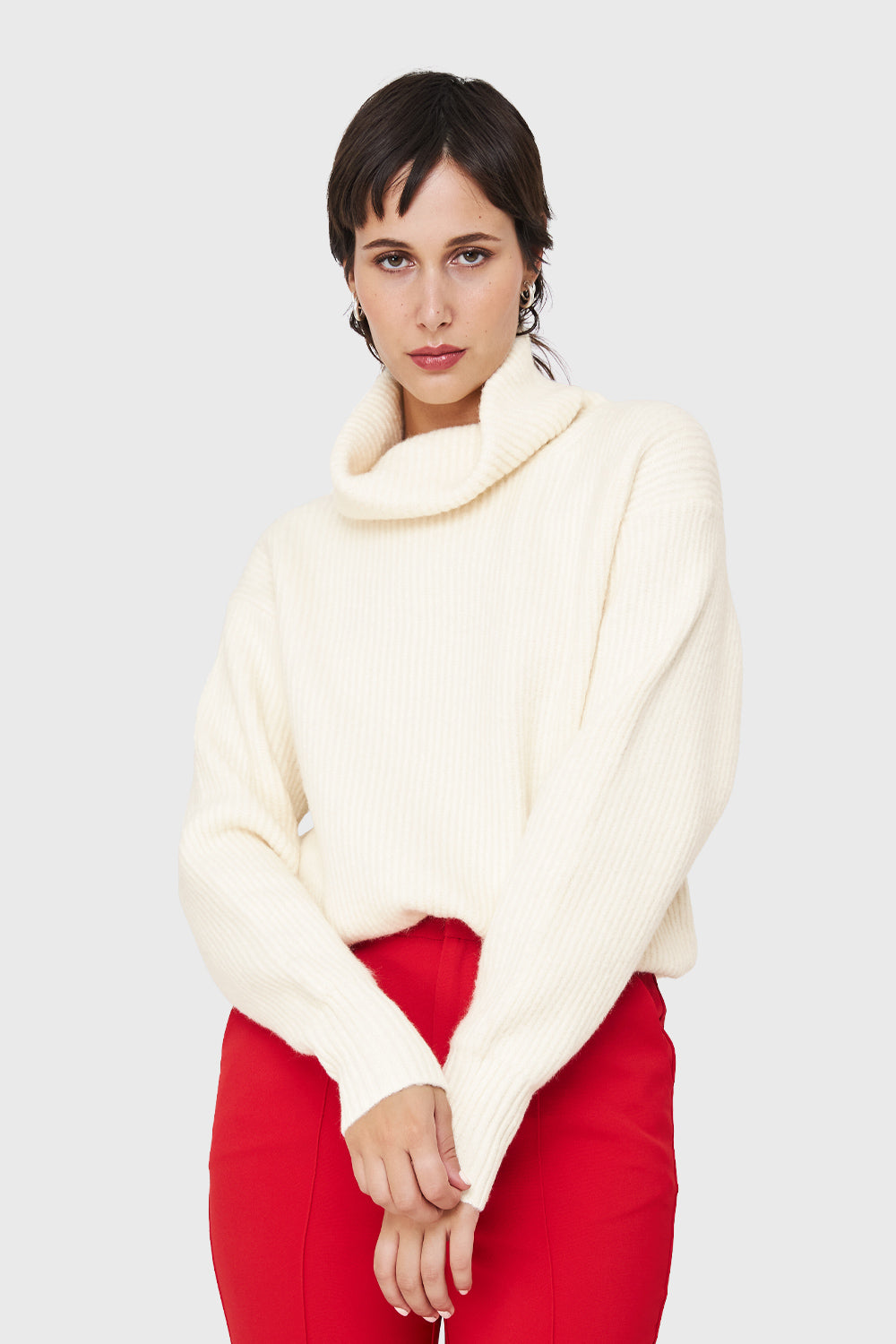 Sweater Acanalado Cuello Alto Blanco Invierno