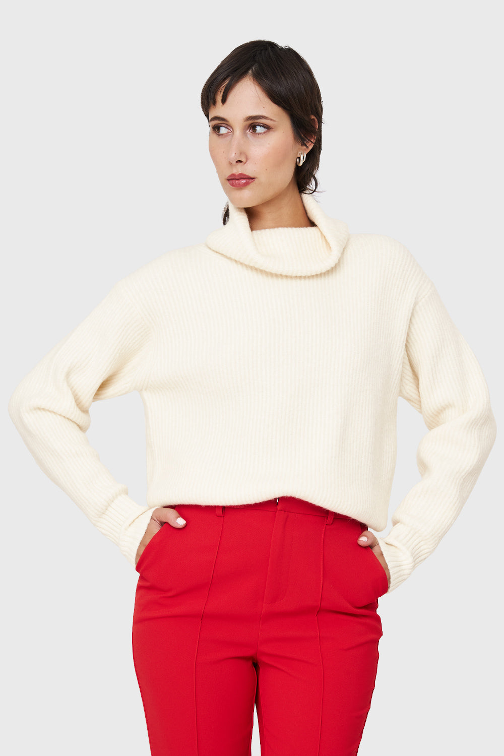 Sweater Acanalado Cuello Alto Blanco Invierno