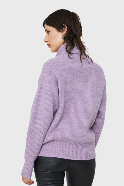 Sweater Acanalado Cuello Alto Lila