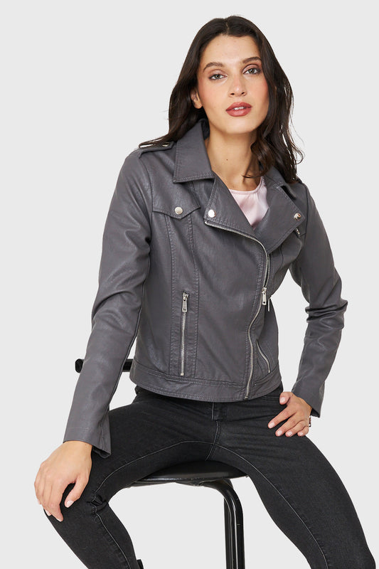 Chaqueta Biker Ecocuero Corta Gris