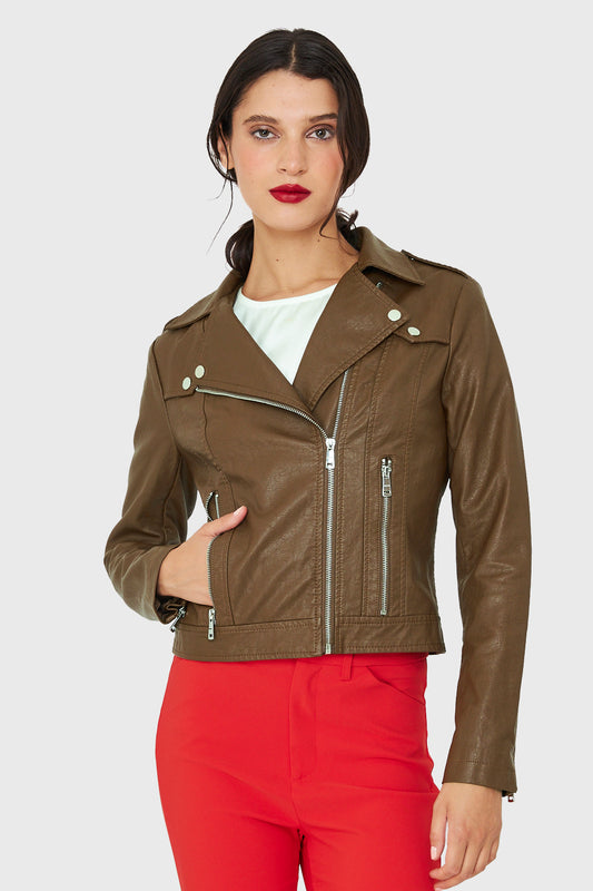 Chaqueta Biker Ecocuero Corta Café