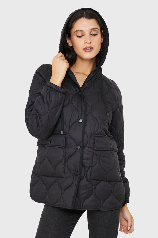 Parka Midi Tipo Quilt Bolsillos Negro