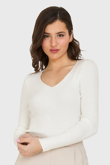 Sweater Cuello V Acanalado Blanco