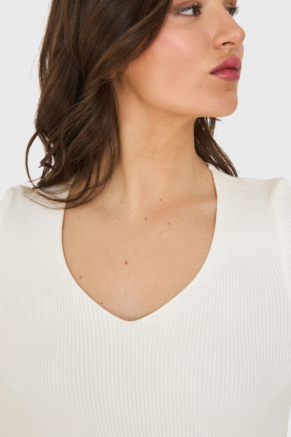 Sweater Cuello V Acanalado Blanco