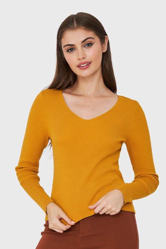 Sweater De Punto Acanalada V Mostaza