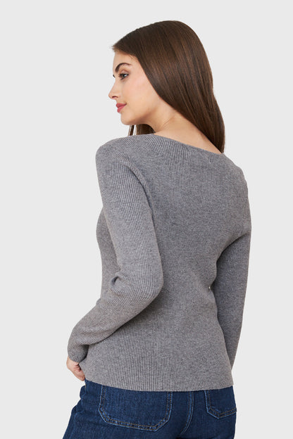 Sweater De Punto Acanalada V Gris