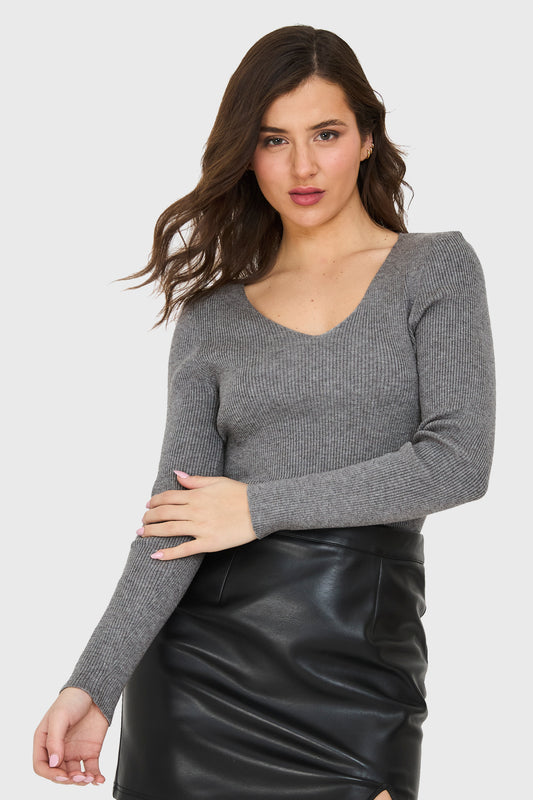 Sweater Cuello V Acanalado Gris