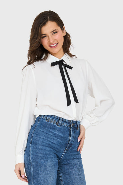 Blusa Con Lazo Desmontable Blanco