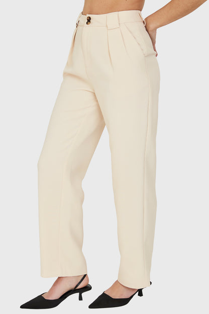 Pantalón Con Pinzas Recto Beige