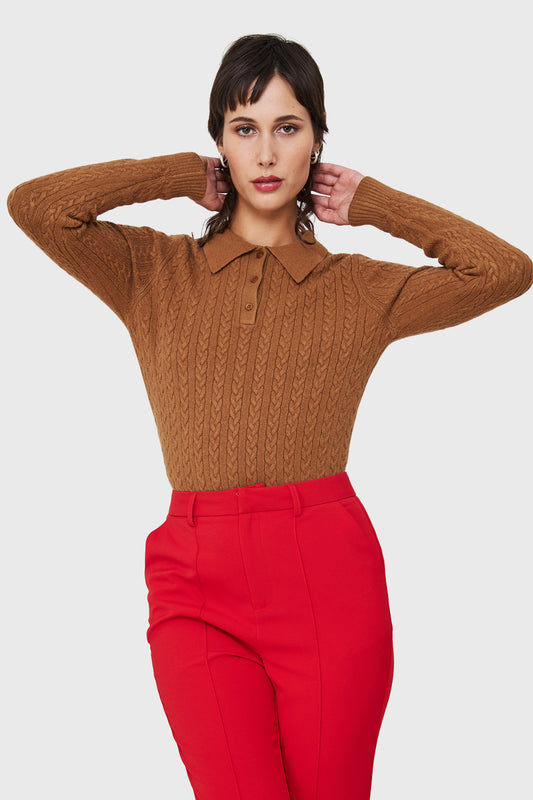 Sweater Cuello Camisero Cadenetas Café