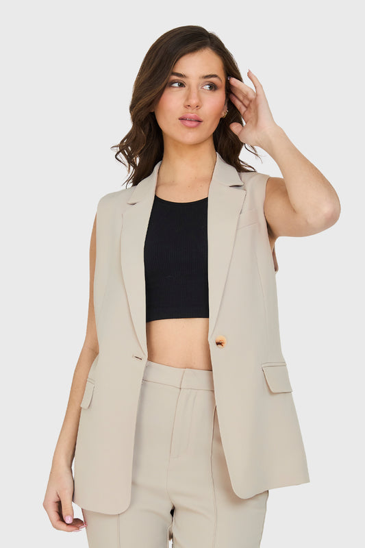 Blazer Sin Mangas Bolsillos Beige