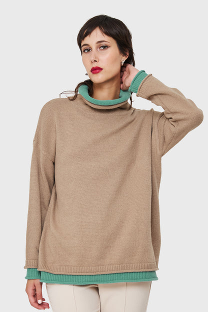 Sweater Holgado Efecto Doble Prenda Khaki