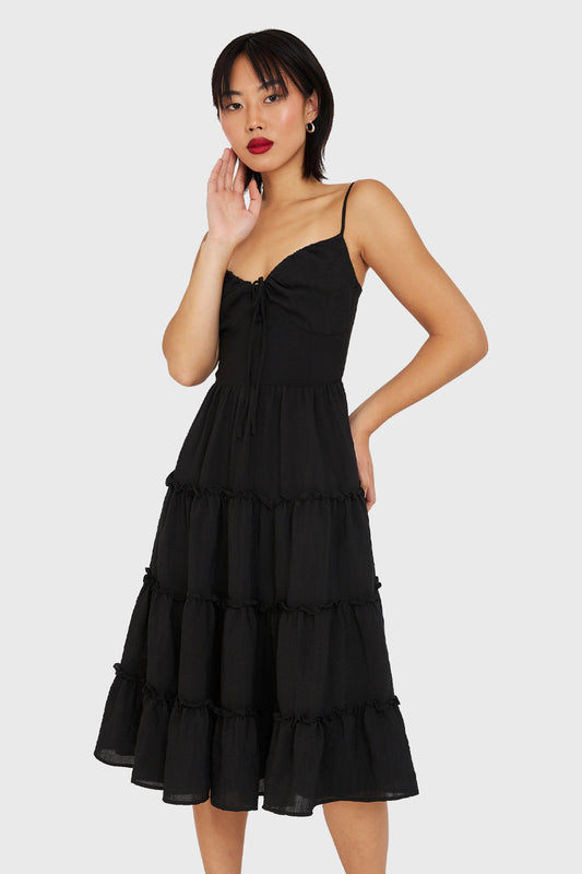 Vestido Pabilo Con Volantes Negro