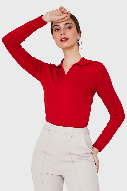 Polera Manga Larga Cuello Camisero Rojo