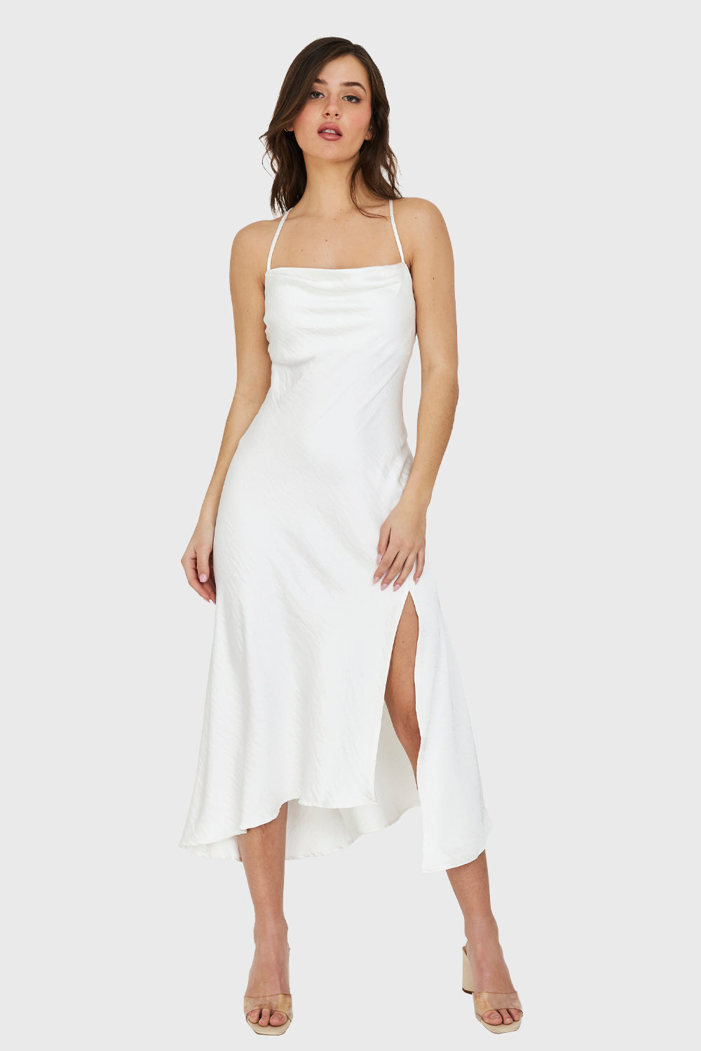 Vestido Midi Escote Drapeado Blanco