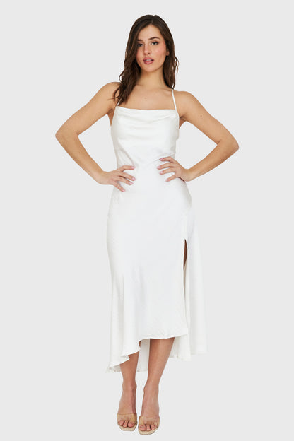 Vestido Midi Escote Drapeado Blanco