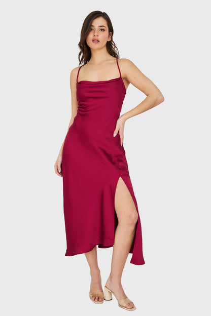 Vestido Midi Escote Drapeado Burdeo