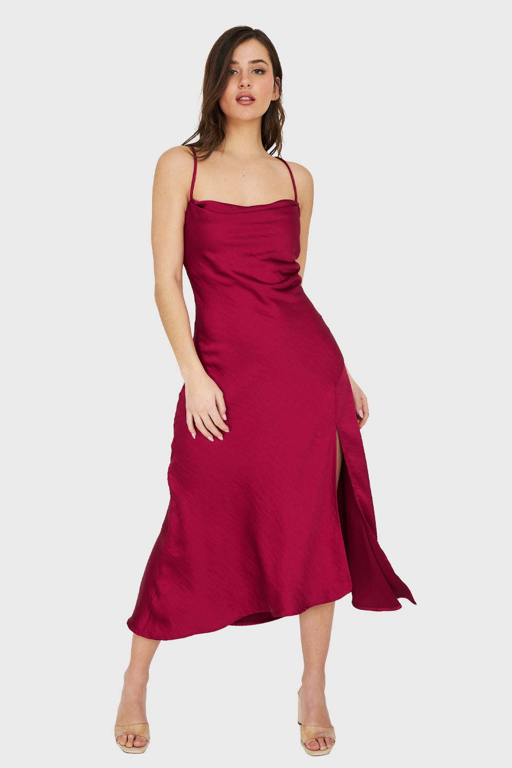 Vestido Midi Escote Drapeado Burdeo