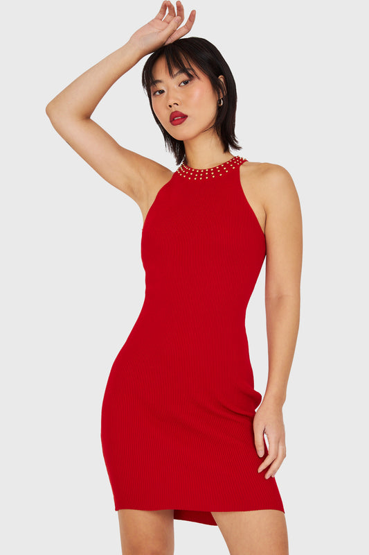 Vestido Tubo Con Strass Rojo