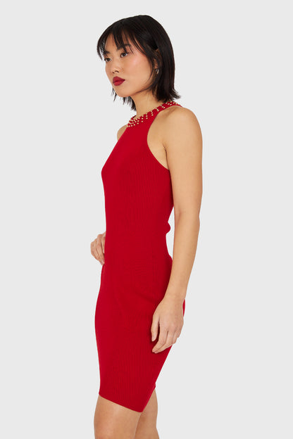 Vestido Tubo Con Strass Rojo