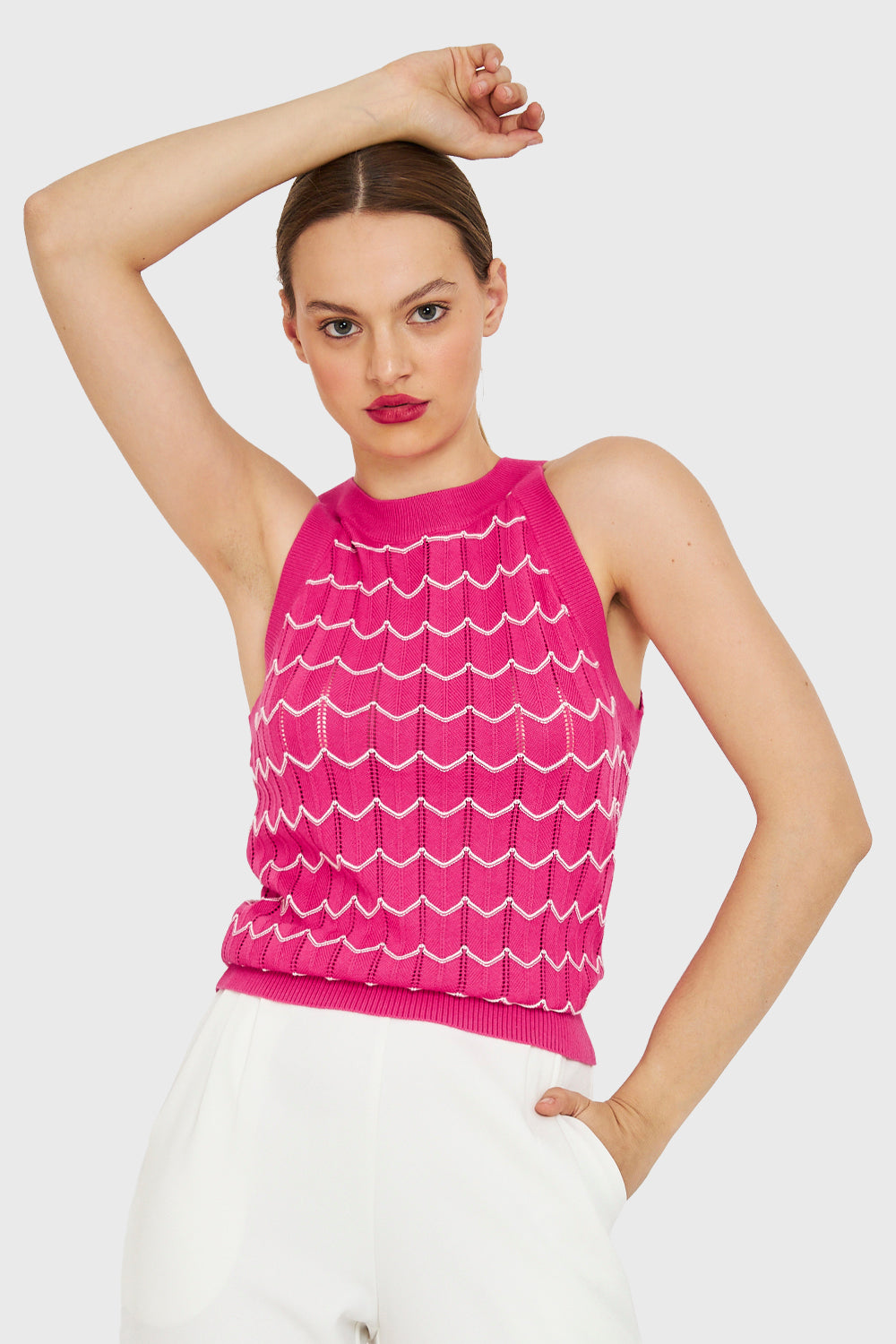 Polera Halter Calada Bicolor Fucsia