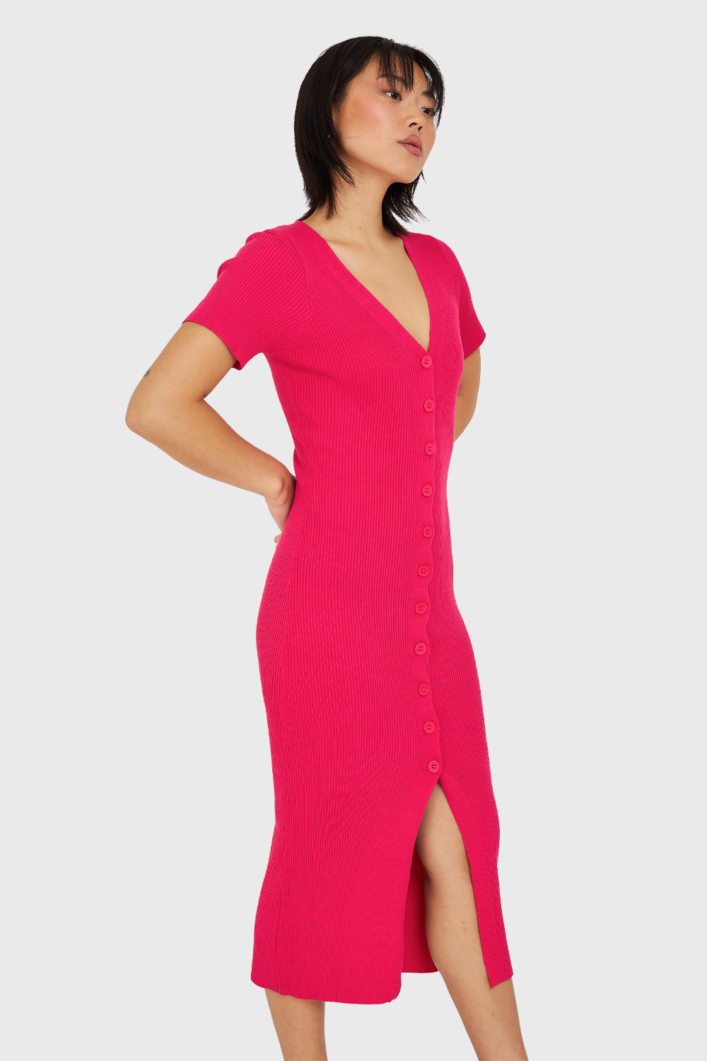 Vestido Acanalado Con Botones Fucsia