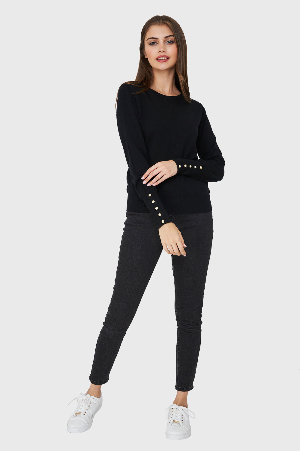 Sweater Punto Fino Detalles Perlas Negro