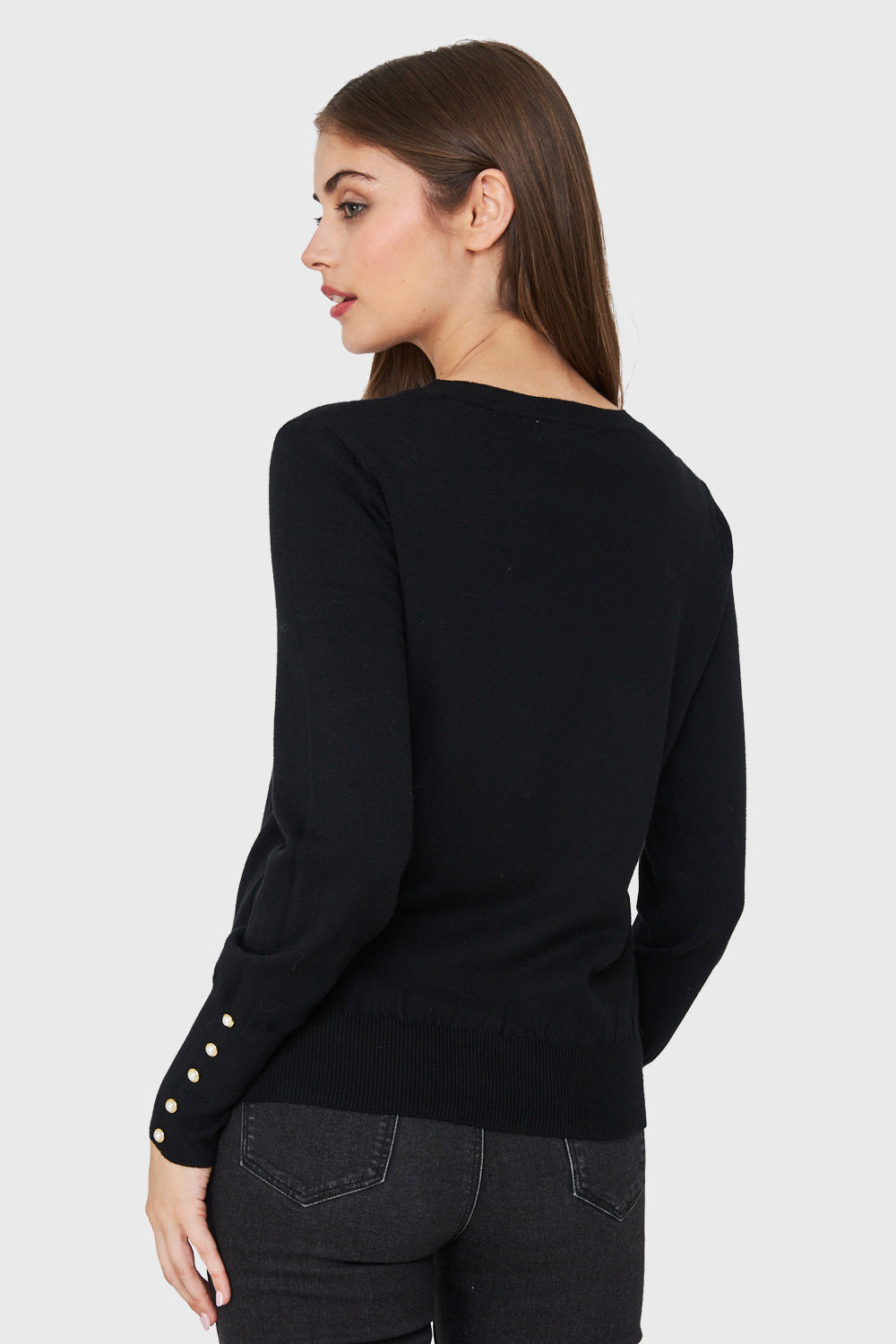 Sweater Punto Fino Detalles Perlas Negro