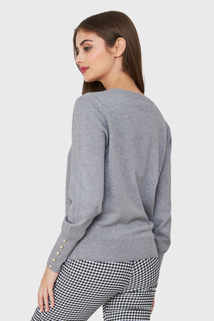 Sweater Punto Fino Detalles Perlas Gris