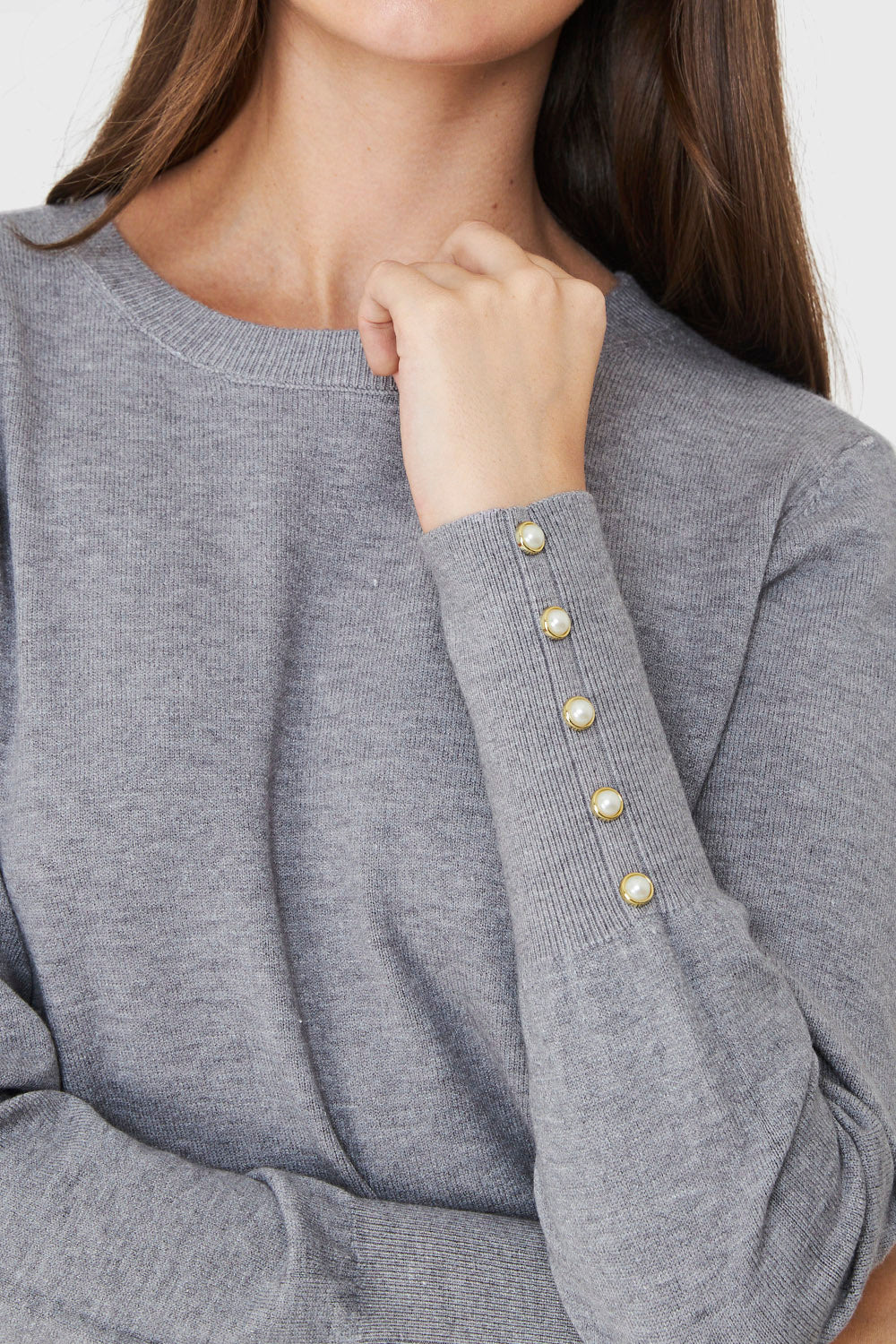 Sweater Punto Fino Detalles Perlas Gris