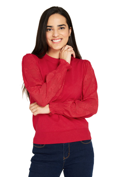 Sweater Manga Floral Rojo